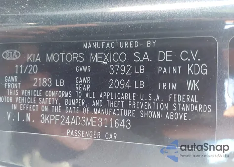 2021 Kia Forte Lxs z USA, uszkodzony, nr VIN 3KPF24AD3ME311643